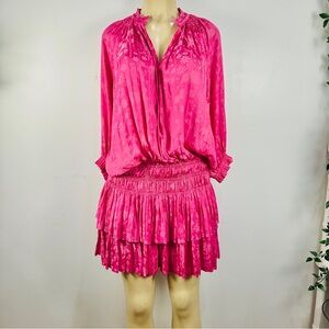 Current Air Pink Satin Tiered Dress Sz L Ruffle Mini Long Sleeves